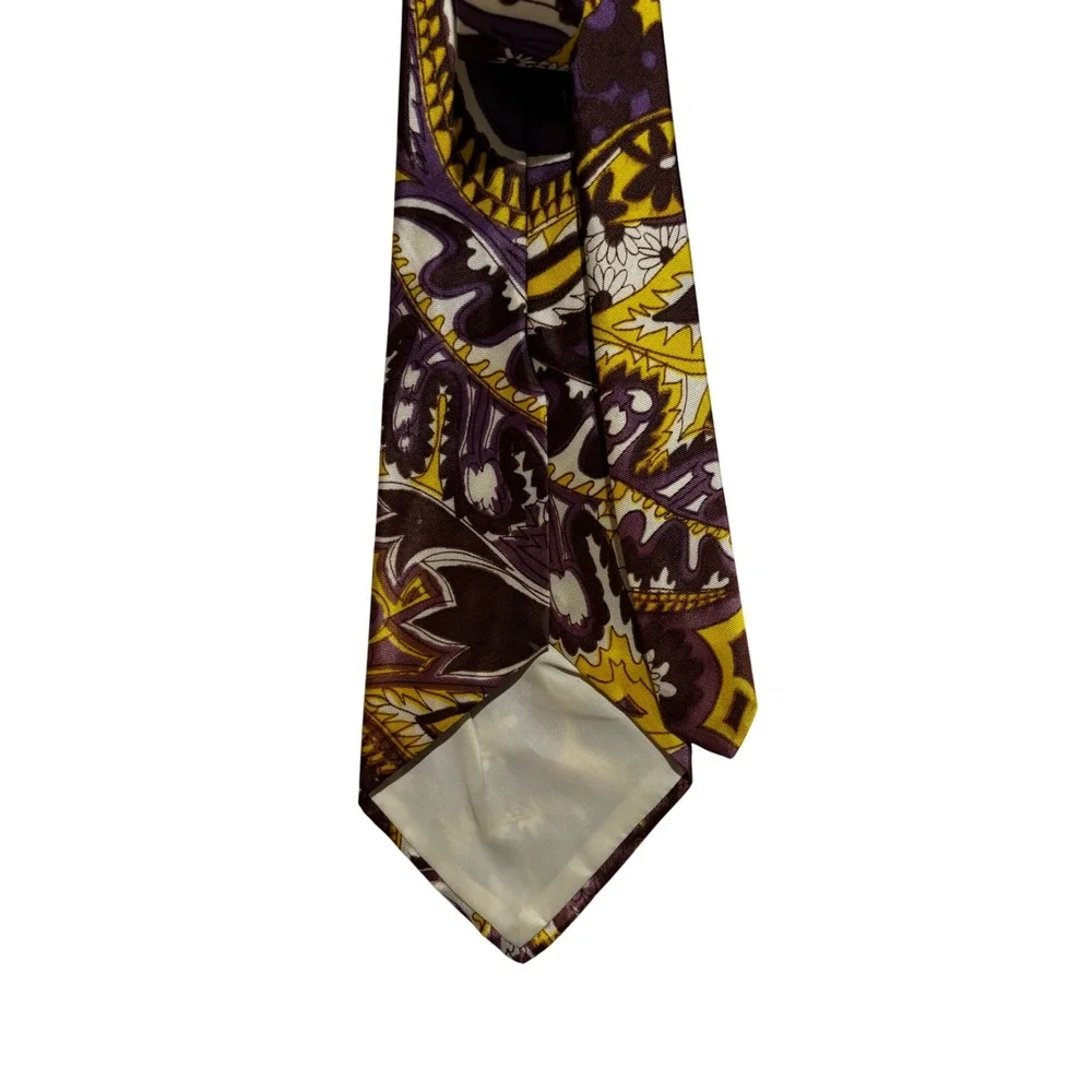 Vintage Vibrant Paisley Artsy Print Silk Neck Tie Retro Purple Yellow wide‎